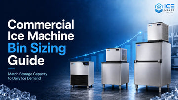 Commercial ice machine bin sizing diagram comparing daily ice production, peak demand, machine recovery, storage capacity, and reserve inventory.