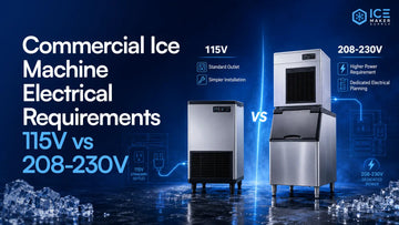 Commercial ice machine electrical requirements comparison showing 115V single-phase, 208-230V single-phase, and 208-230V three-phase connections.