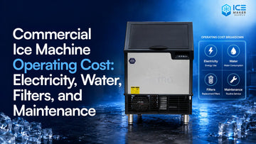 Commercial ice machine operating cost breakdown showing electricity, water and sewer, filters, cleaning, maintenance, and downtime calculations.
