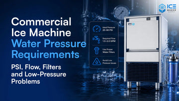 Commercial ice machine water pressure diagram showing static PSI, dynamic PSI, filter pressure drop, line size, flow rate, regulator, and inlet valve.
