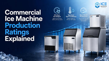 Commercial ice machine production rating comparison showing ideal 70°F air and 50°F water output versus warm 90°F air and 70°F water output.