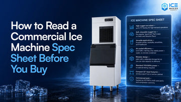 Annotated commercial ice machine specification sheet showing production ratings, voltage, phase, water pressure, dimensions, storage compatibility, and efficiency fields.