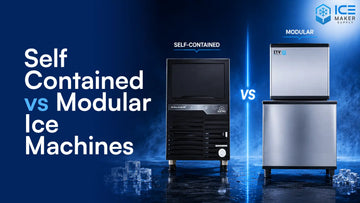 Self-contained versus modular commercial ice machines showing an undercounter machine with built-in bin and a head-only ice machine on a separate storage bin.
