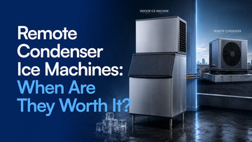 Remote condenser ice machine system with indoor modular head and storage bin connected to an outdoor rooftop condenser by refrigerant lines.