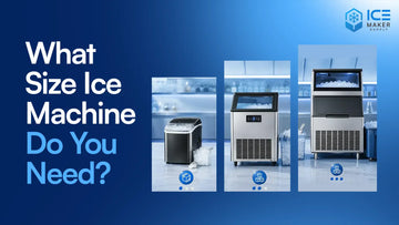 Commercial ice machine size guide showing small medium and large ice maker capacities for restaurants cafes hotels and offices