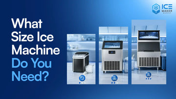 Commercial ice machine size guide showing small medium and large ice maker capacities for restaurants cafes hotels and offices