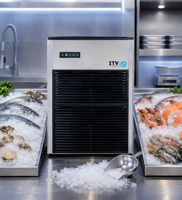 Commercial flake ice makers for seafood food display and care-style spaces at Ice Maker Supply