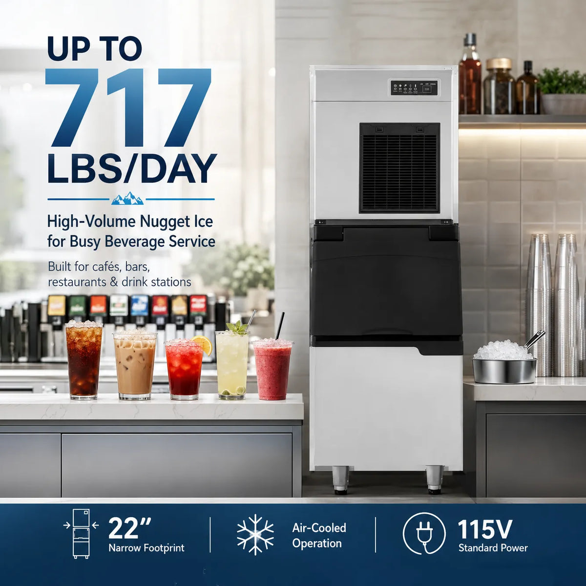 Ice machine in a kitchen setting with promotional text about ice production capacity.
