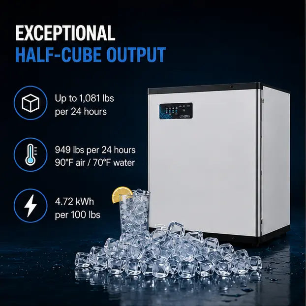A compact stainless steel water ice maker shown on a dark blue background with promotional text highlighting high half-cube output, ice pile, and energy usage details.