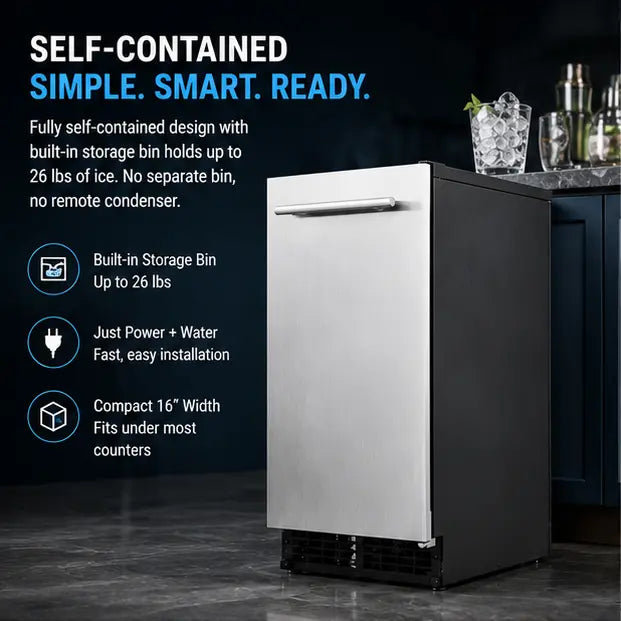 A stainless steel and black self-contained undercounter refrigerator shown next to marketing text highlighting its 26 lb storage capacity, easy installation, and compact 16-inch width.