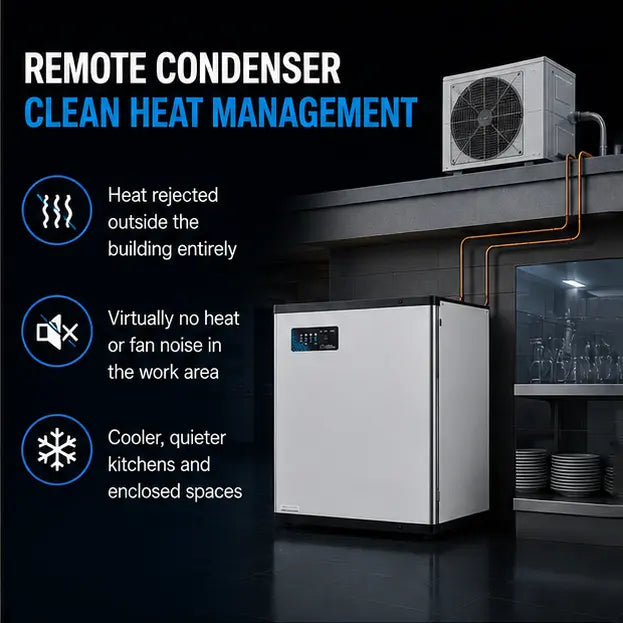 A remote condenser clean heat management system for commercial kitchens, featuring a white and black refrigerator unit with a separate outdoor condenser unit mounted on a shelf, shown with promotional text on a dark kitchen background.