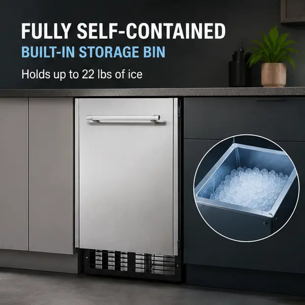 A stainless steel undercounter ice maker with a built-in storage bin, shown installed in a dark kitchen cabinet. White text at the top reads 'FULLY SELF-CONTAINED BUILT-IN STORAGE BIN Holds up to 22 lbs of ice', and a circular inset on the right shows the ice bin filled with ice.
