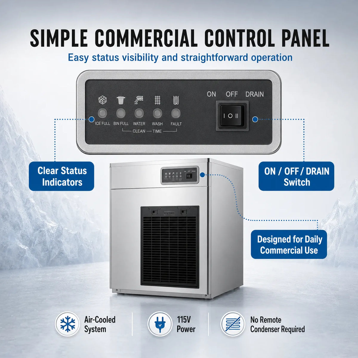 Commercial control panel with clear status indicators and straightforward operation on a gray background.