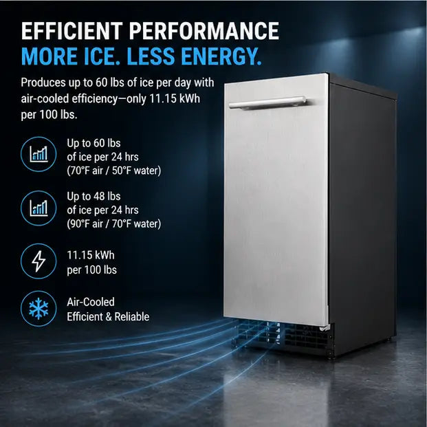 A stainless steel undercounter refrigerator with a black side panel, shown on a dark blue promotional background with text highlighting energy efficiency and ice production capabilities.