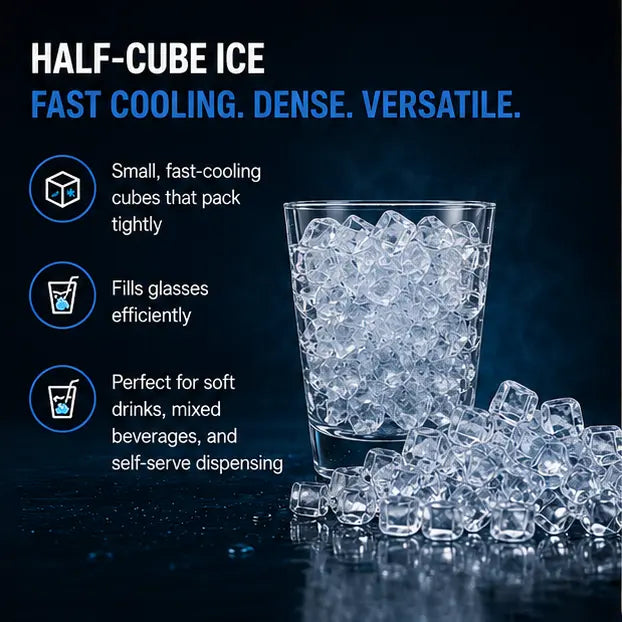 A promotional graphic for half-cube ice. The image shows a clear glass filled with transparent ice cubes, with additional loose cubes scattered in front on a dark reflective surface.