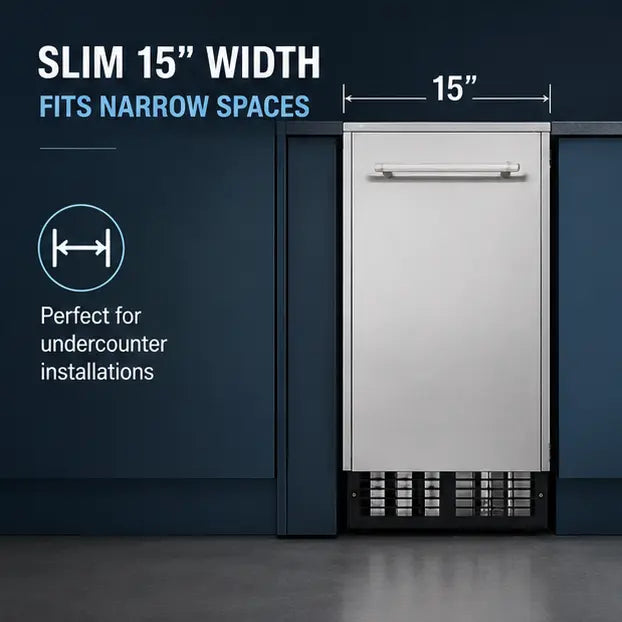 A slim stainless steel undercounter refrigerator shown installed against a dark blue wall, with text highlighting a 15-inch width and fit for narrow spaces.