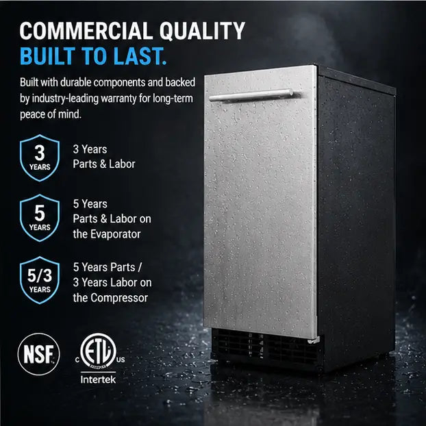 A stainless steel undercounter refrigerator shown on a dark, wet studio background with marketing text on the left. The text highlights commercial quality, built-to-last durability, 3-year parts and labor coverage, 5-year parts and labor on the evaporator, 5/3-year parts/compressor coverage, and NSF and ETL US Intertek certifications.