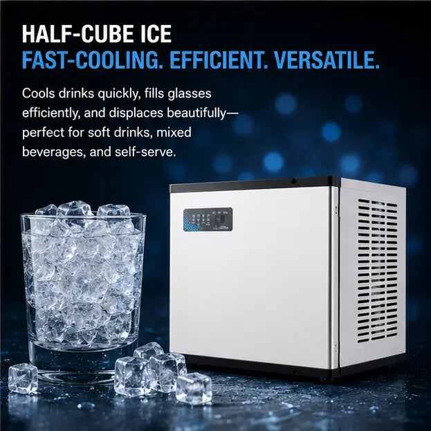 A compact white and black half-cube ice maker shown next to a glass filled with ice cubes on a dark blue background with promotional text about fast cooling and versatility.
