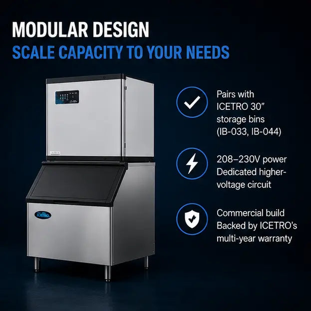A stainless steel modular ice machine with a black top and front bin, shown on a dark blue background with marketing text and feature icons. Visible branding includes the small ICETRO badge on the lower left of the machine and referenced compatibility text for ICETRO 30" storage bins.