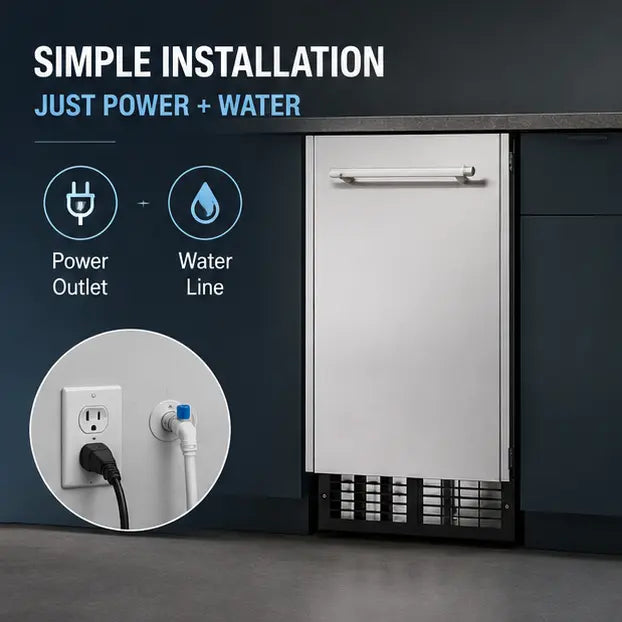 Undercounter stainless steel water cooler refrigerator shown installed in a kitchen setting, with text reading 'SIMPLE INSTALLATION' and icons indicating power outlet and water line connection.