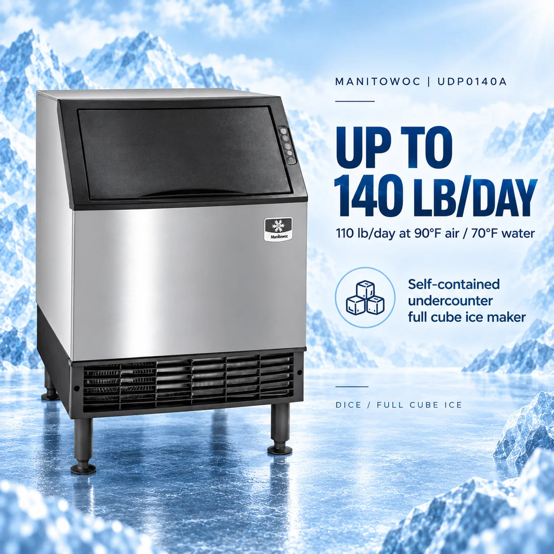 A commercial ice machine with a brushed stainless steel body, black top lid, black base grille, and black legs, shown on a plain white background.