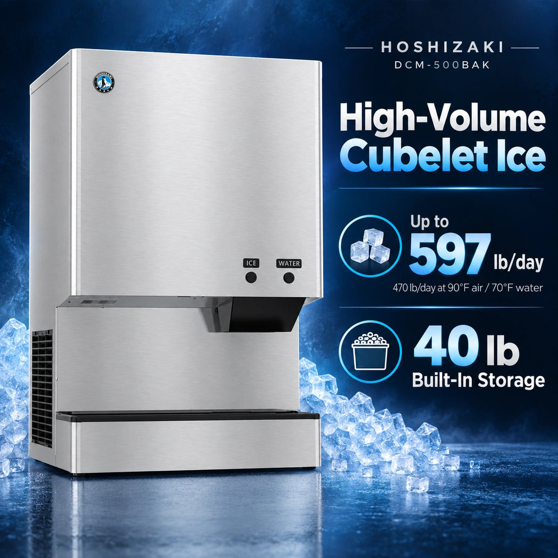 Hoshizaki DCM-500BAK Cubelet Ice & Water Dispenser - 597 lb/Day with 40 lb Bin, Air-Cooled