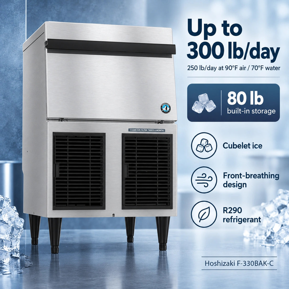 Hoshizaki F-330BAK-C Undercounter Cubelet Ice Maker - 300 lb/Day with 80 lb Bin, Air-Cooled