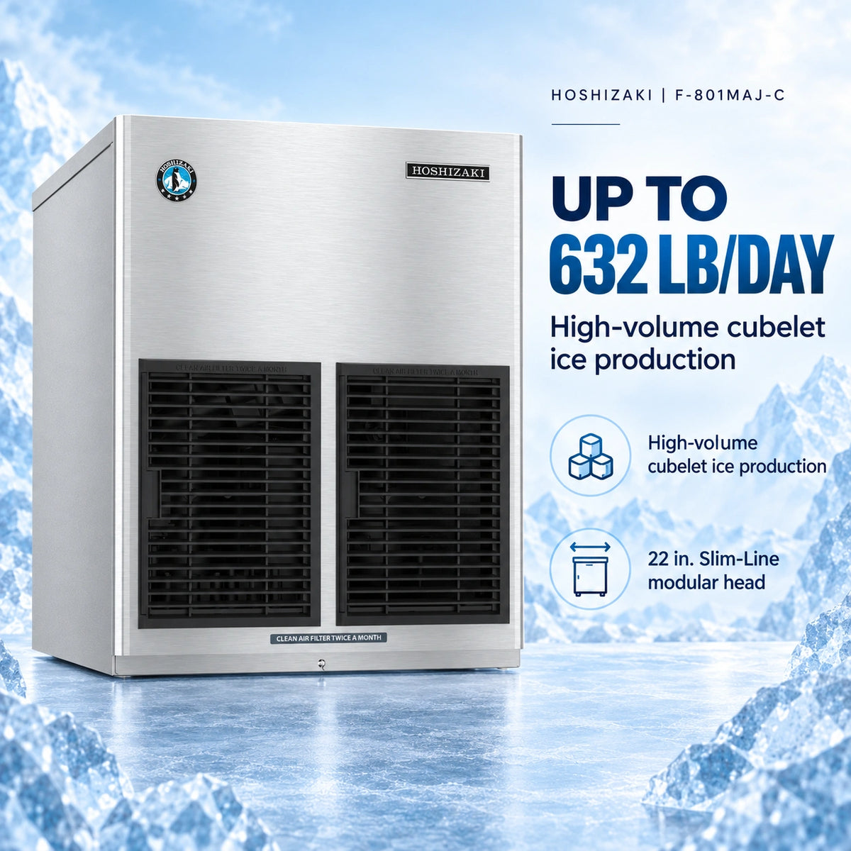 A Hoshizaki high-volume cubelet ice machine in brushed stainless steel with two black front grilles, shown against a blue icy background with promotional text reading 'UP TO 632 LB/DAY' and feature callouts.