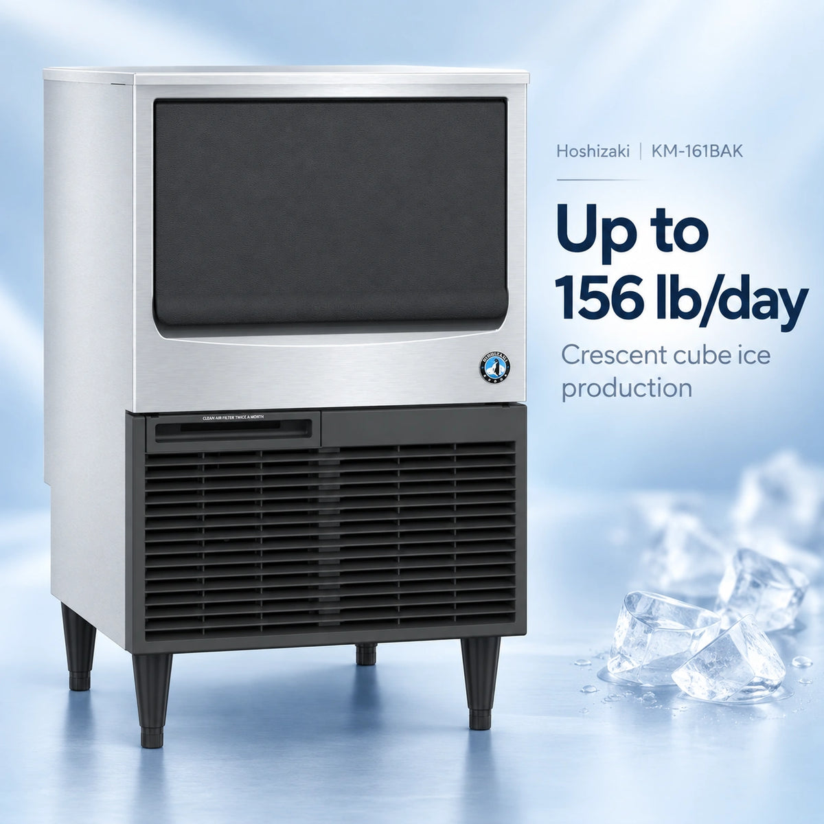 A stainless steel and black Hoshizaki commercial ice machine with legs, shown on a blue icy background with text reading 'Up to 156 lb/day' and 'Crescent cube ice production.'.