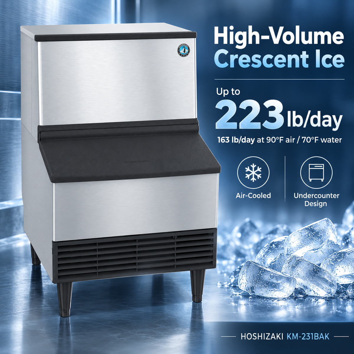 A commercial high-volume crescent ice maker shown on a blue studio-style background with promotional text reading 'High-Volume Crescent Ice' and 'Up to 223 lb/day.' The machine is stainless steel and black, with legs and vent grilles visible.