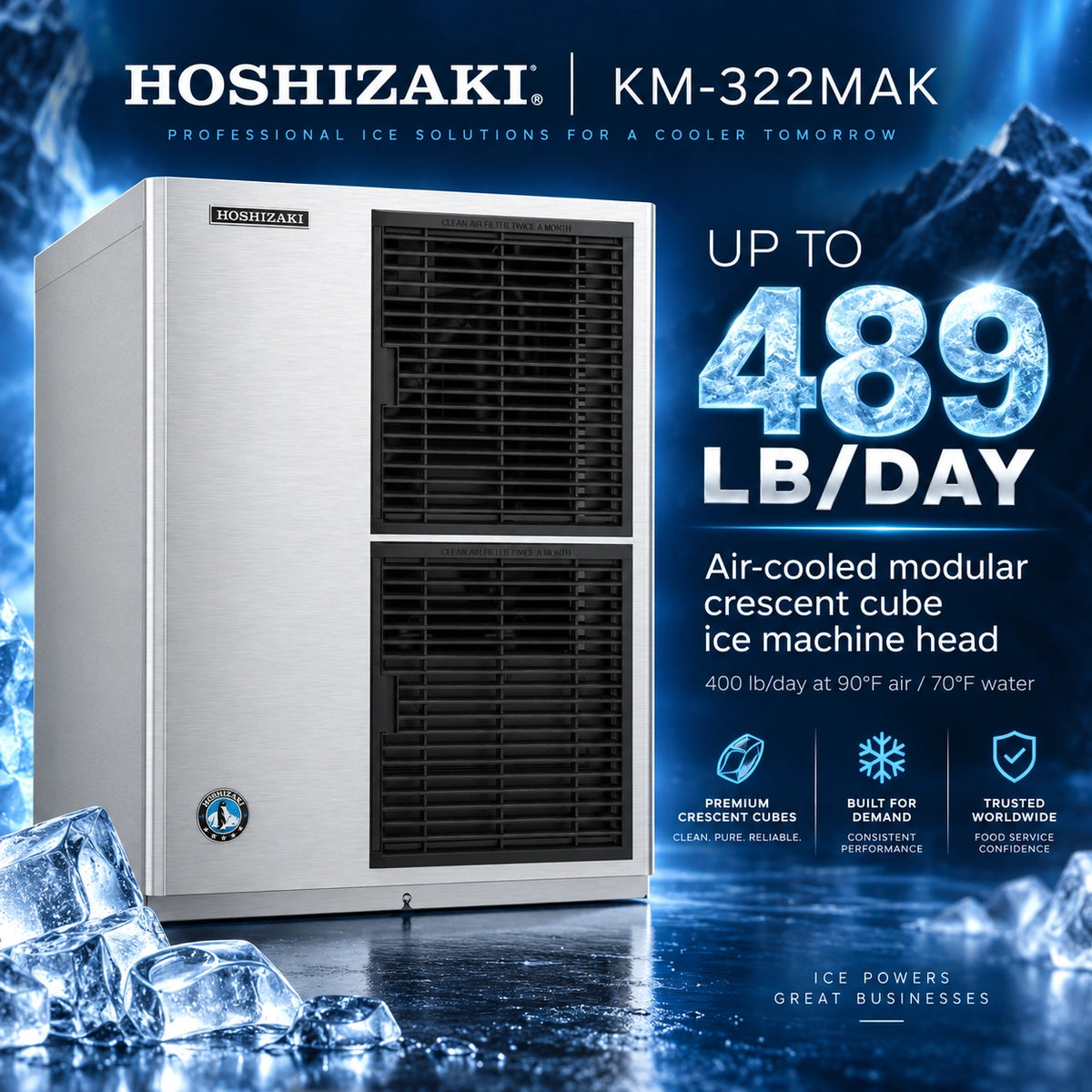 Hoshizaki KM-322MAK air-cooled modular crescent cube ice machine head in a brushed silver finish with black grates, shown in a promotional graphic with ice cubes, blue mountain scenery, and text highlighting up to 489 lb/day capacity.