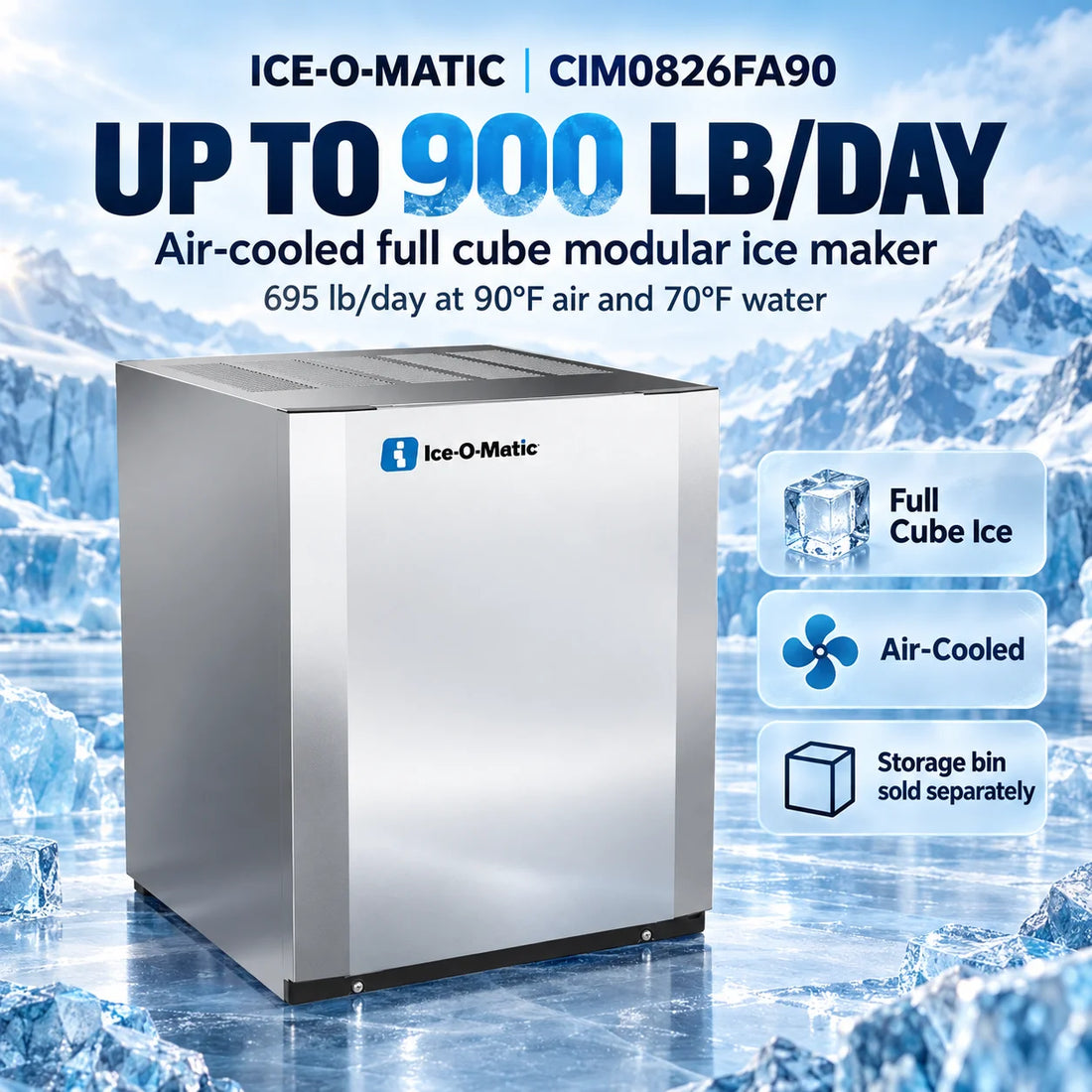 An Ice-O-Matic commercial ice machine with a brushed stainless steel finish, shown at a three-quarter angle on a white background.