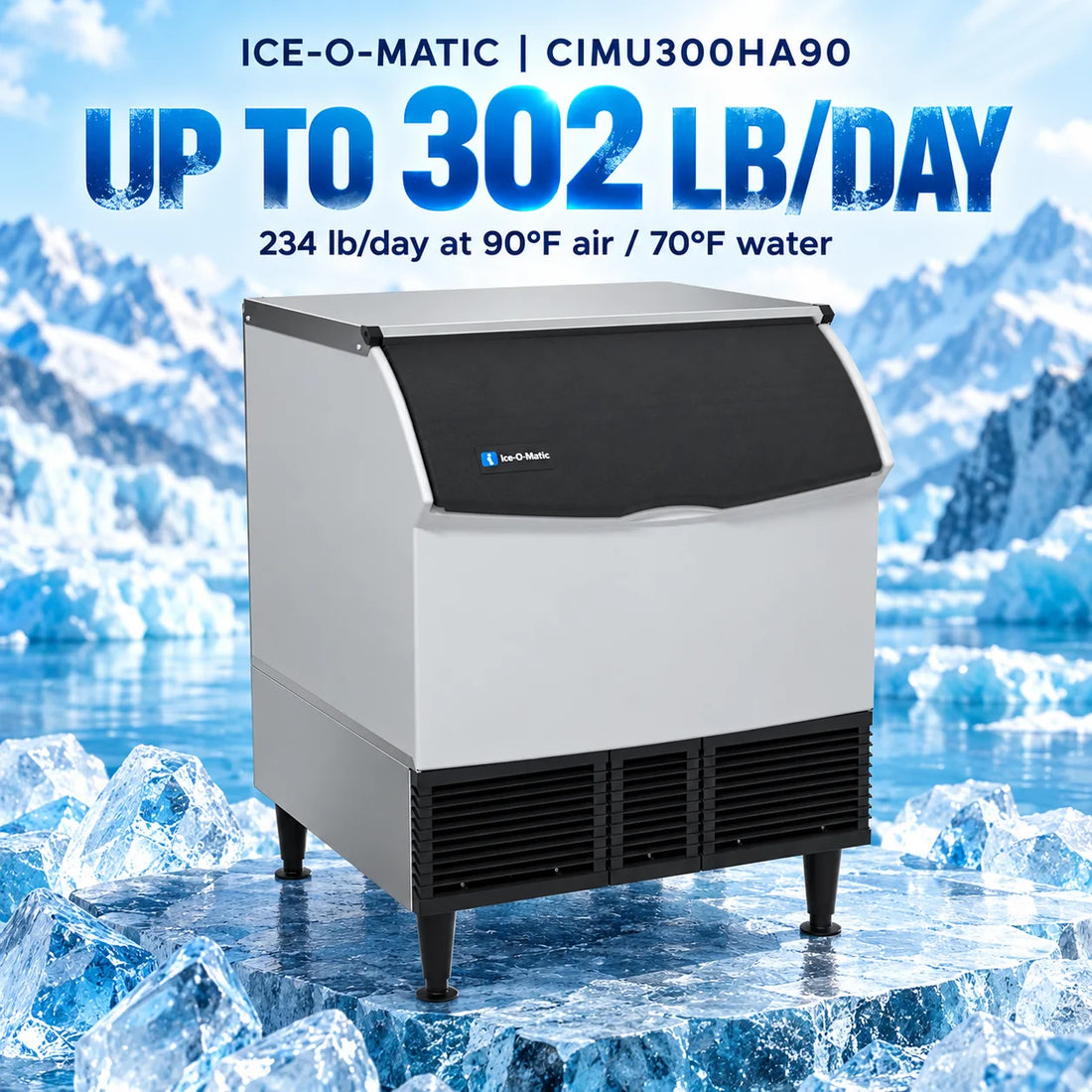 A commercial ice machine with a white body, a black curved top lid, black legs, and black ventilation grilles on the bottom front. The brand name 'ba-CHileans' is visible in blue on the front upper section.