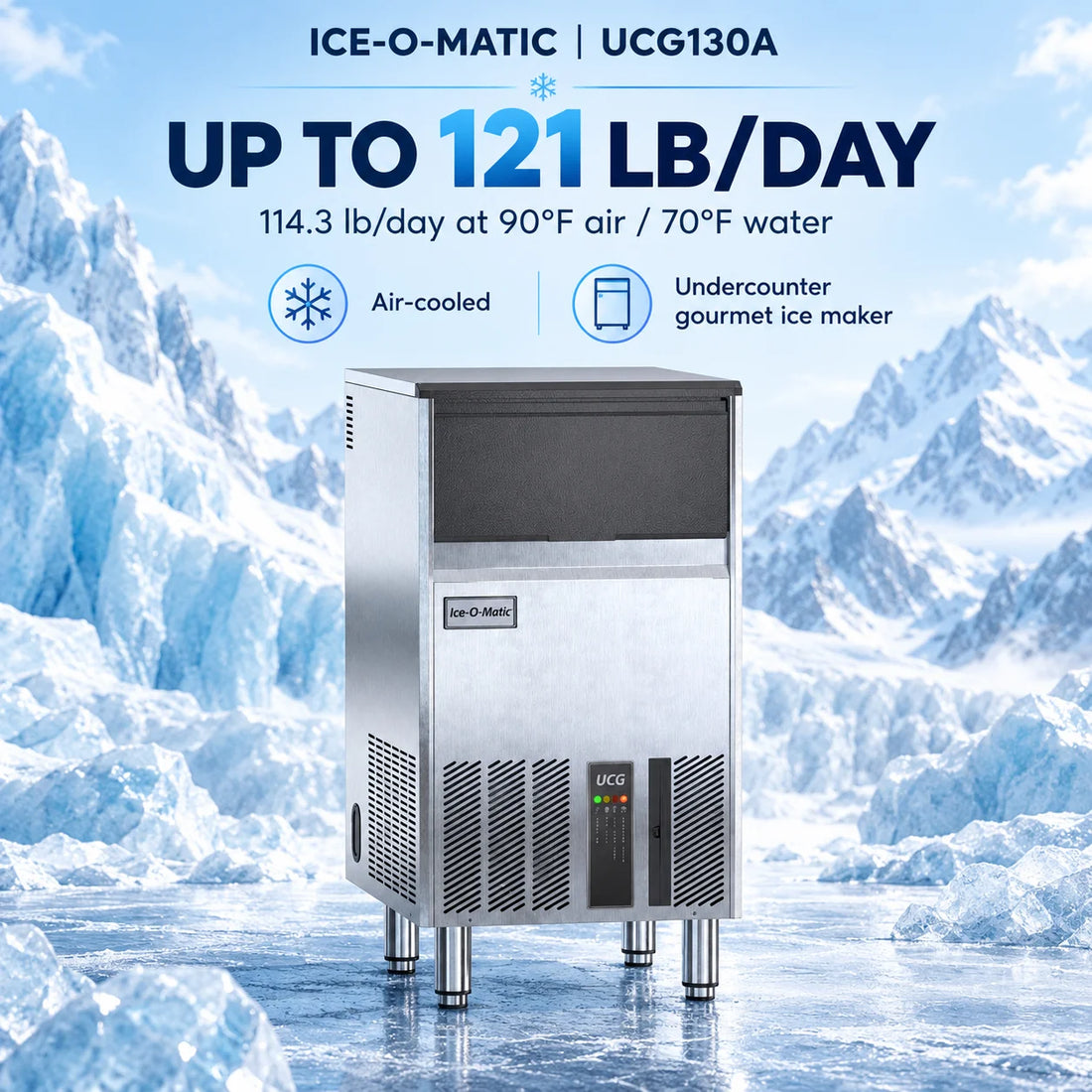 A UCC Ice-O-Matic commercial ice machine in stainless steel, featuring a dark gray ice tray compartment, vented lower panels, and chrome legs, shown on a plain white background.
