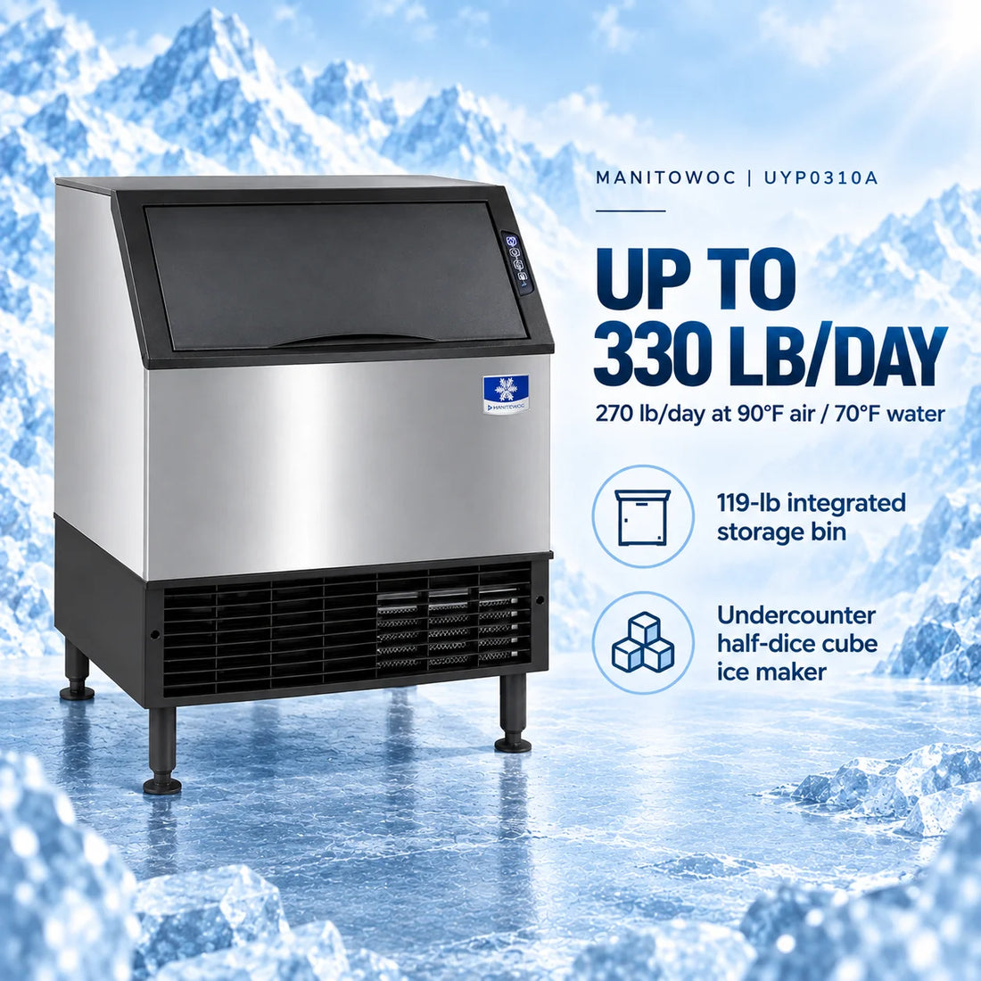 A commercial ice machine with a brushed stainless steel front panel, black top and base, and a small blue-and-white logo badge on the right side, shown on a plain white background.