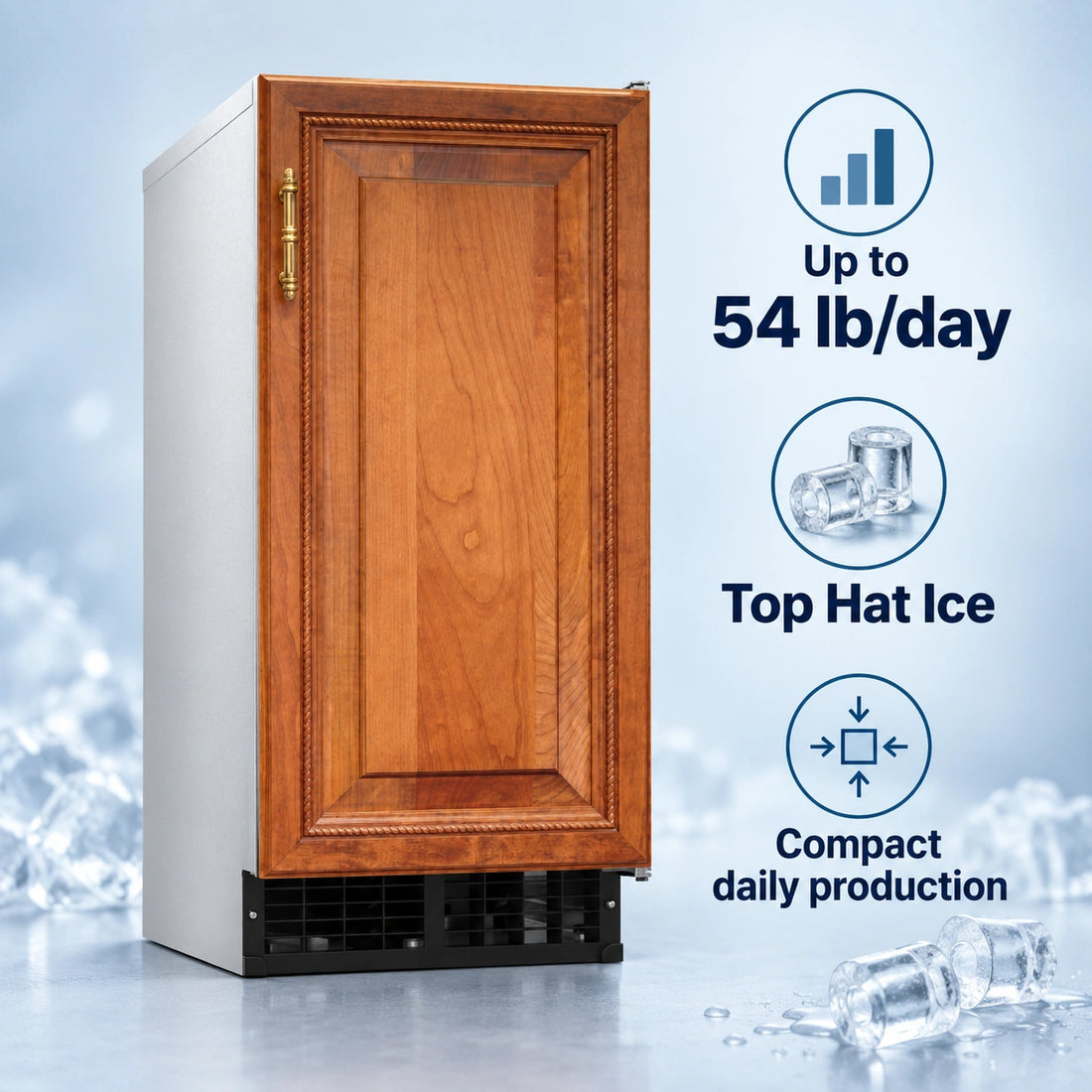 A single-door undercounter refrigerator with a warm brown wood grain cabinet door, a brass handle, and a black bottom vent, shown on a solid white background.