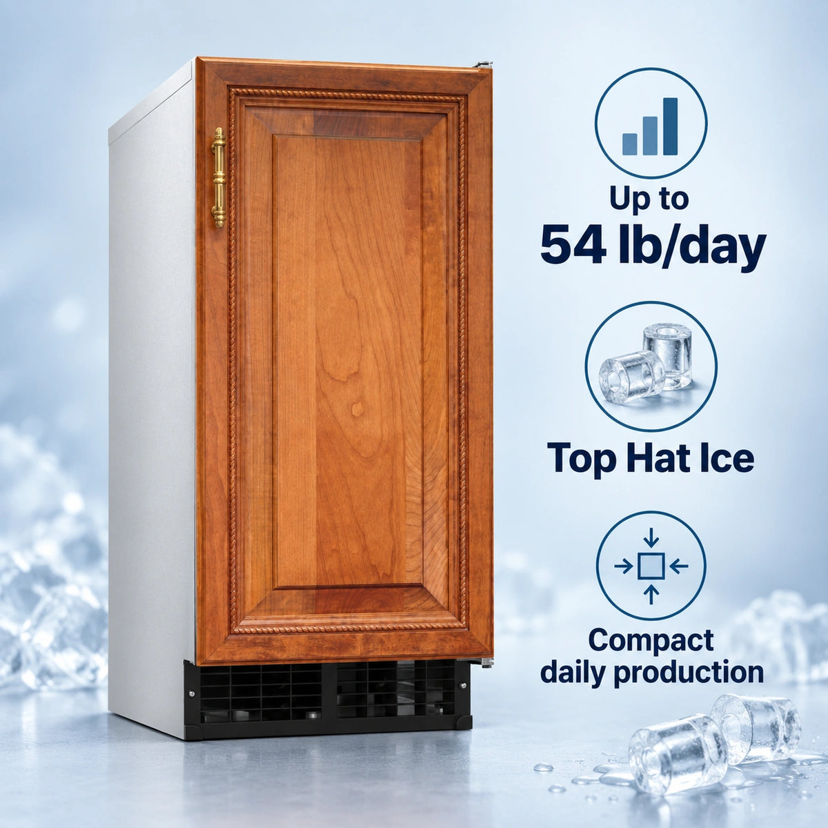 A compact refrigerator with a wood-grain cabinet door and a white side panel, shown with promotional text highlighting up to 54 lb/day production, Top Hat Ice, and compact daily production.