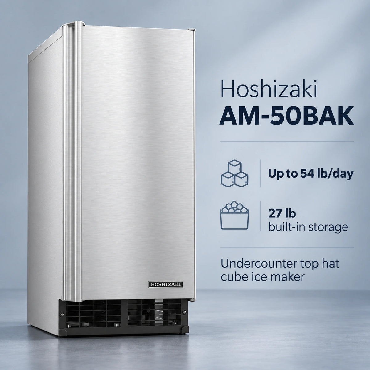 Hoshizaki AM-50BAK Undercounter Top Hat Cube Ice Maker - 54 lb/Day with 27 lb Bin, Air-Cooled