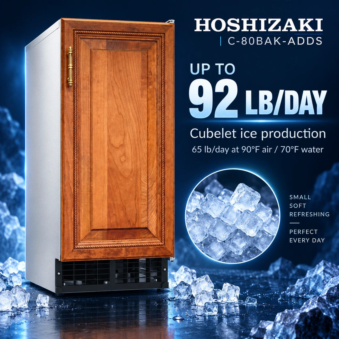 A single-door undercounter refrigerator with a warm brown wood grain cabinet door, a silver side panel, and a black vented base, shown on a plain white background.