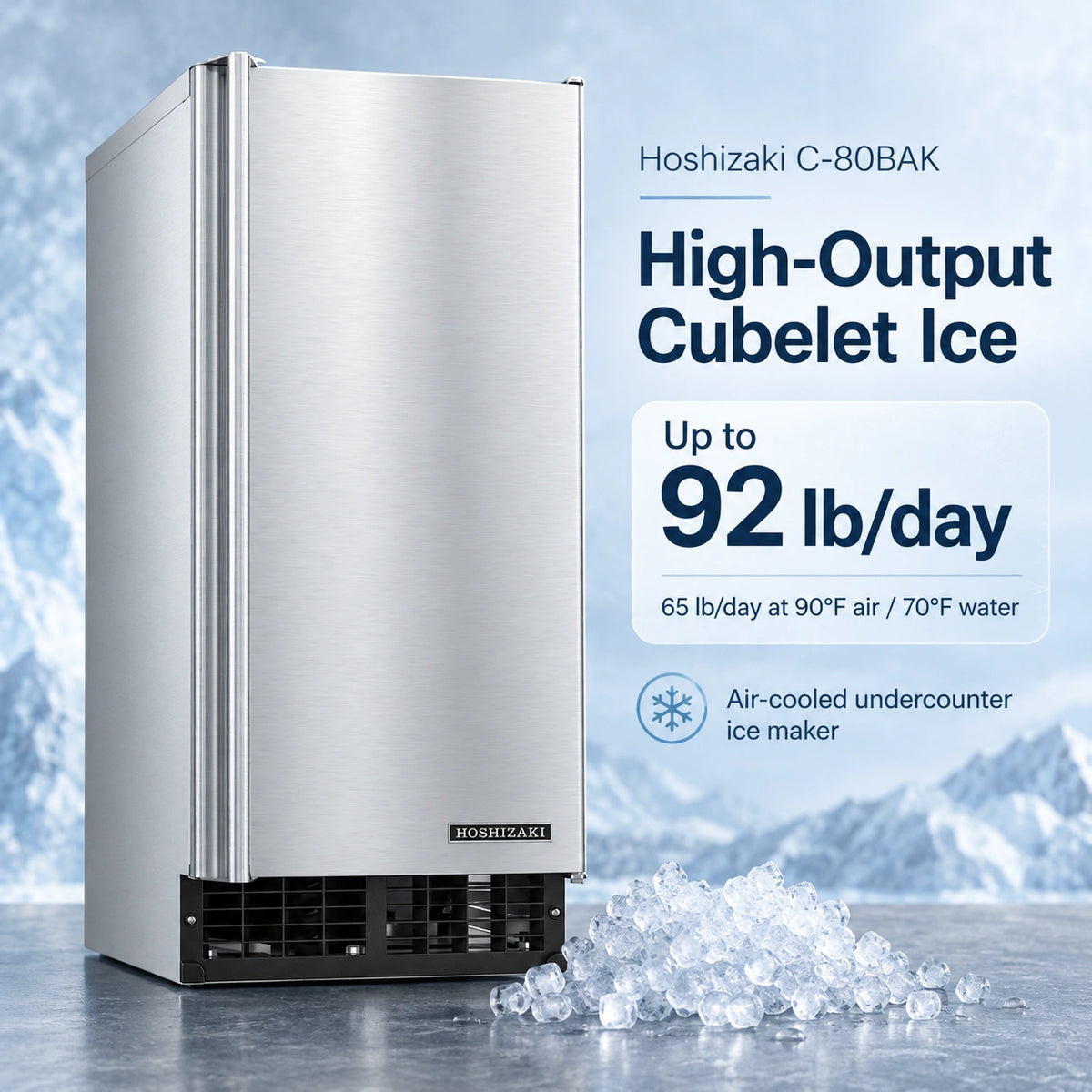 A Hoshizaki C-80BAK undercounter ice maker in brushed stainless steel, shown against a icy blue background with a pile of crushed ice on the counter. Text on the right highlights up to 92 lb/day high-output cubelet ice.