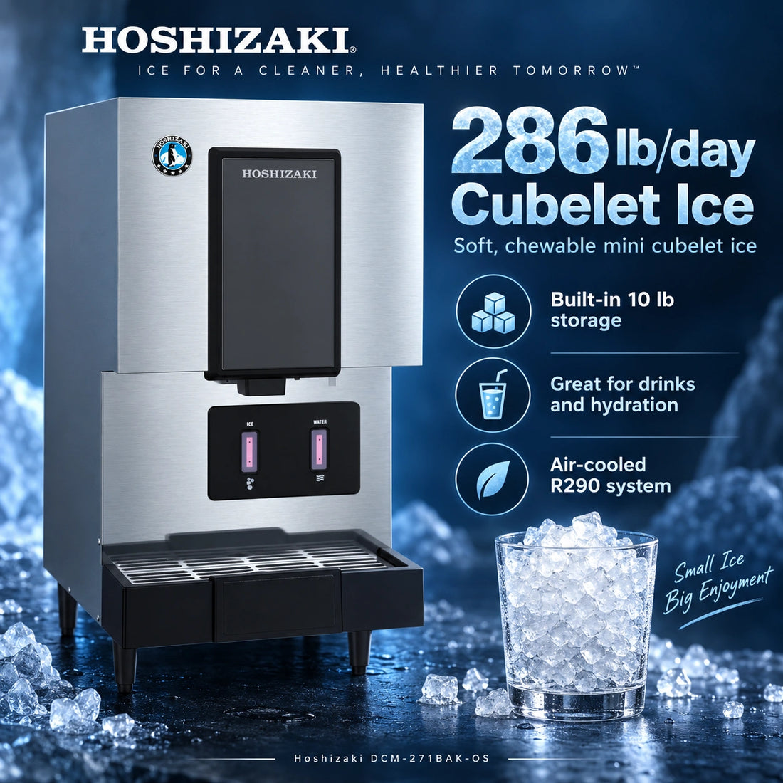 A commercial Hoshizaki ice machine with a brushed stainless steel body, black front panel, and black drip tray, shown on a plain white background.