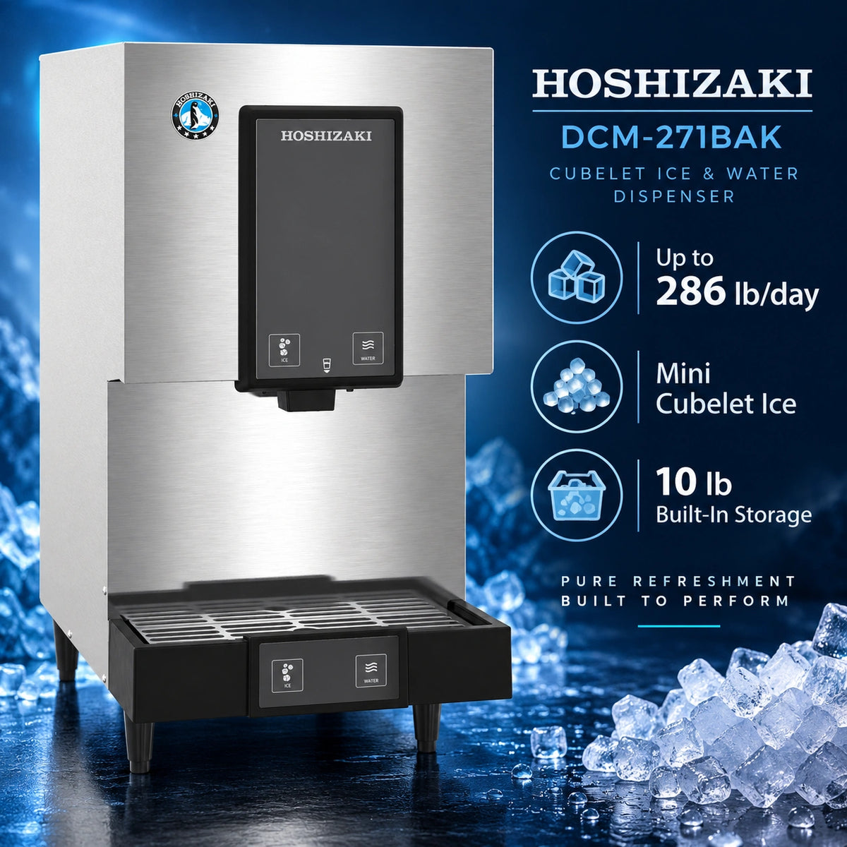 Hoshizaki DCM-271BAK cubelet ice and water dispenser in brushed stainless steel with black control panel and drip tray, shown on a blue icy background with product specs text on the right.