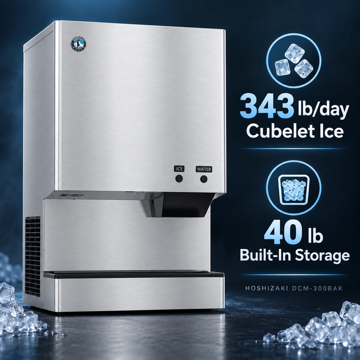 Hoshizaki DCM-300BAK Cubelet Ice & Water Dispenser - 343 lb/Day with 40 lb Bin, Air-Cooled