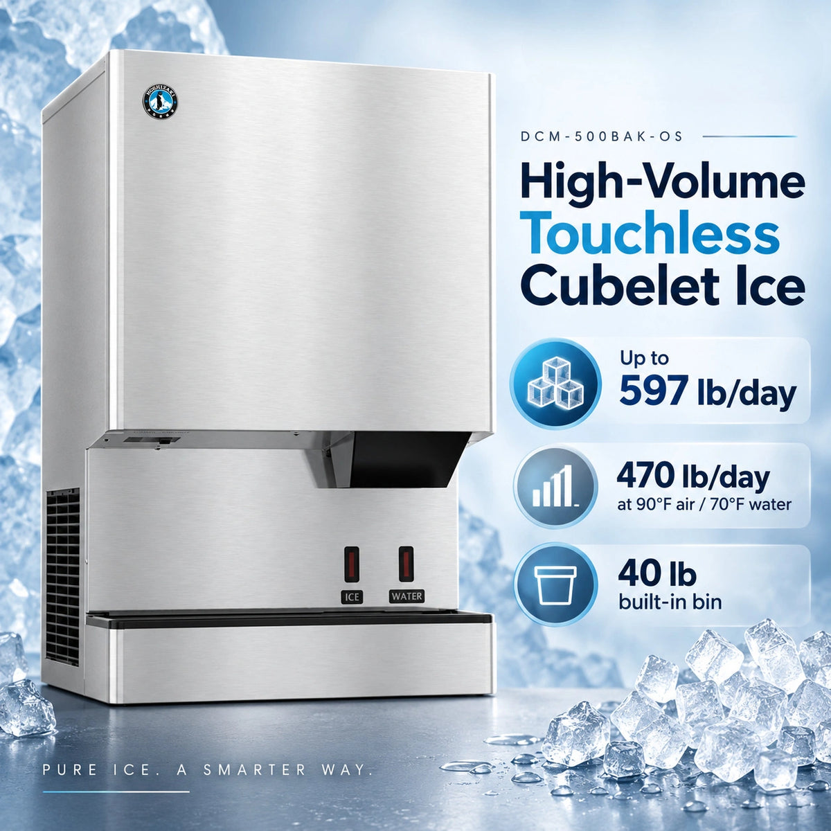 Hoshizaki DCM-500BAK-OS Opti-Serve Touchless Cubelet Ice & Water Dispenser - 597 lb/Day with 40 lb Bin, Air-Cooled
