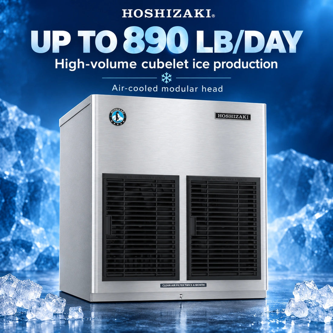 A Hoshizart commercial ice machine with a brushed stainless steel exterior, two large black front air grilles, and a small circular logo badge on the upper left side.