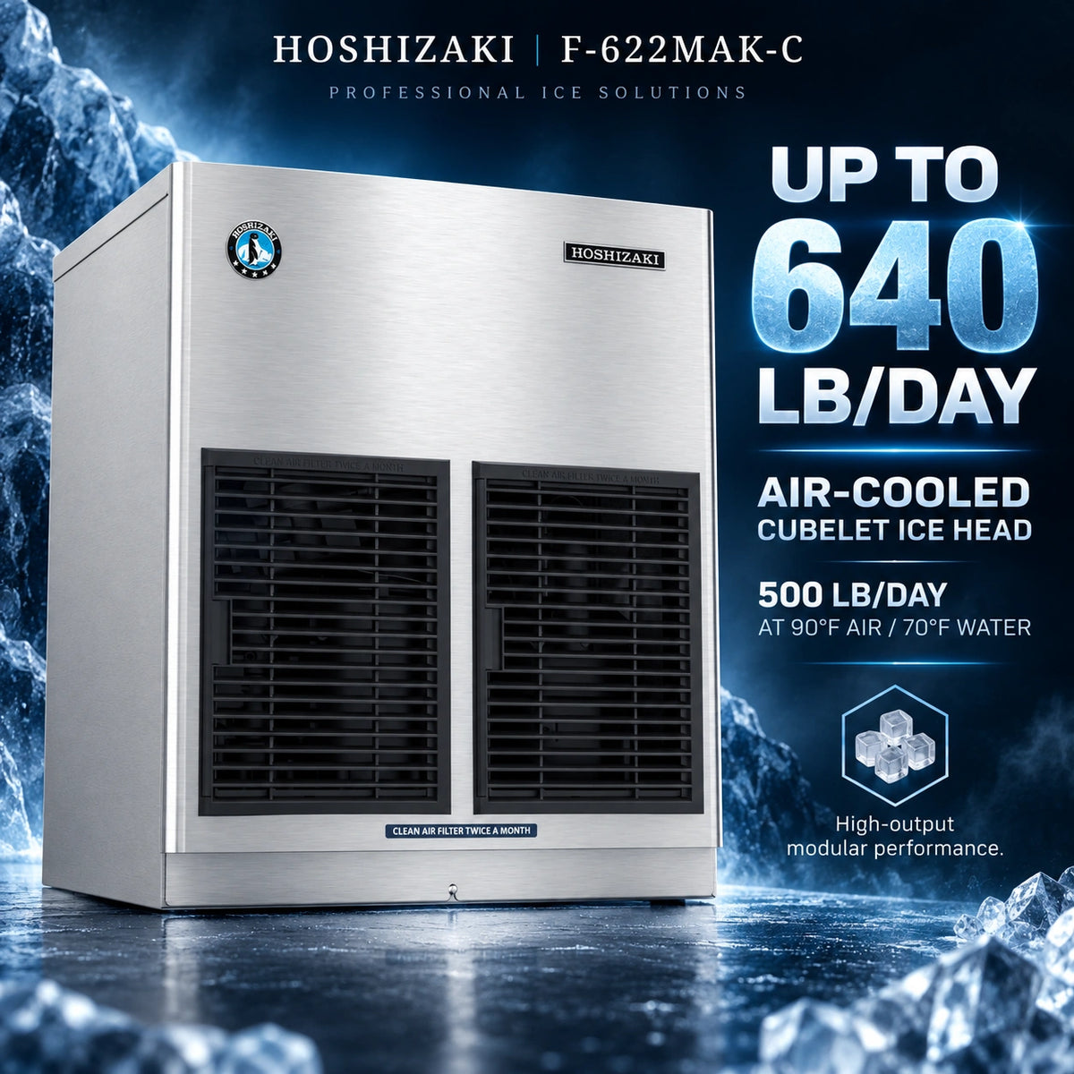 Hoshizaki F-622MAK-C air-cooled cubelet ice head machine in brushed stainless steel, shown with promotional text on a dark icy blue background with ice graphics.