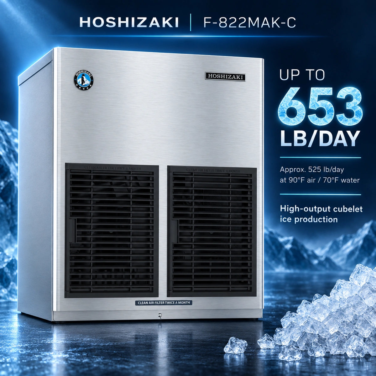 Hoshizaki F-822MAK-C commercial ice machine in brushed stainless steel with two black front grilles, shown on a dark blue icy background with text reading up to 653 lb/day and ice cubes at the bottom right.