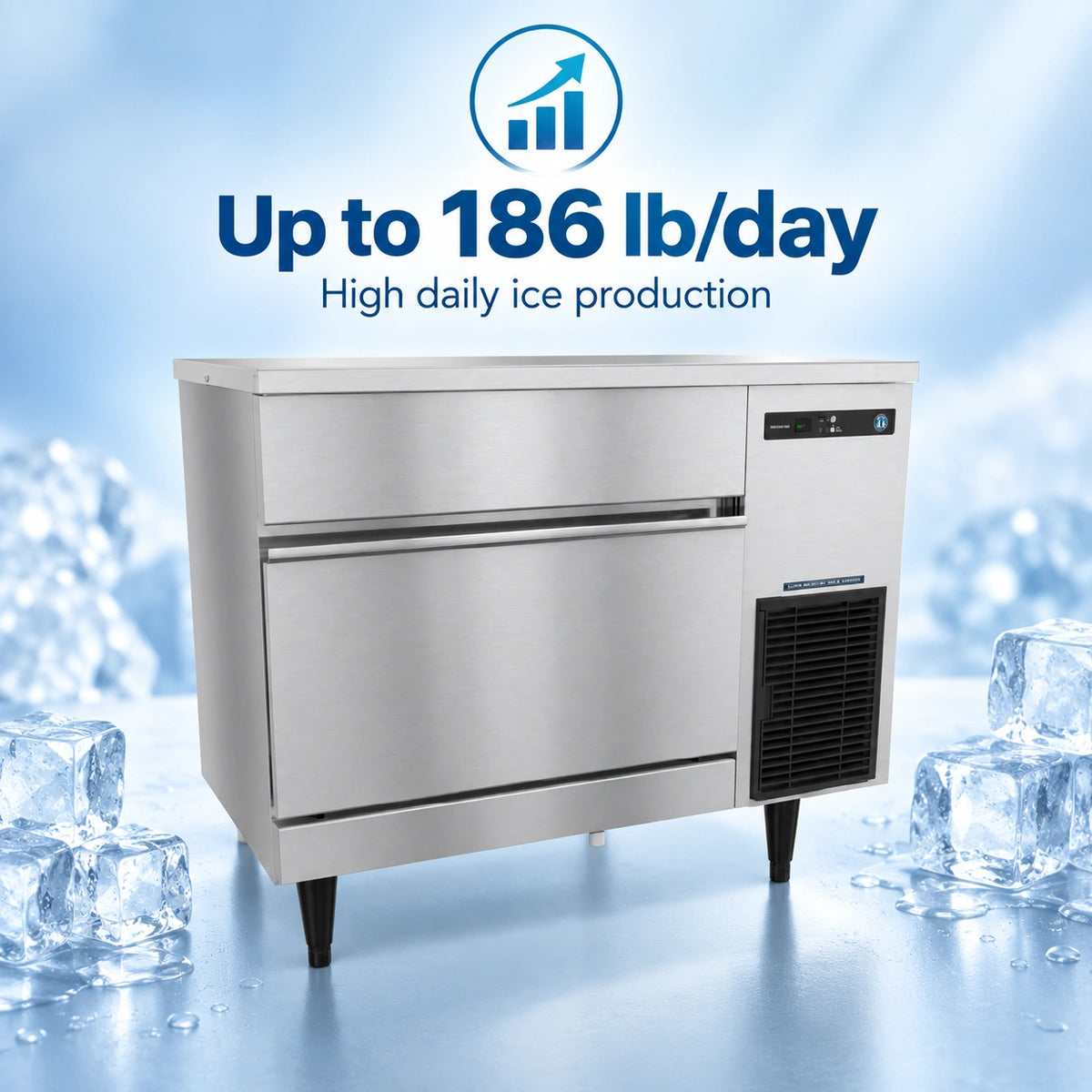 A stainless steel commercial ice machine with two drawers and a black vented compressor area on the right, shown on a blue icy background with ice cubes and text reading 'Up to 186 lb/day High daily ice production'.