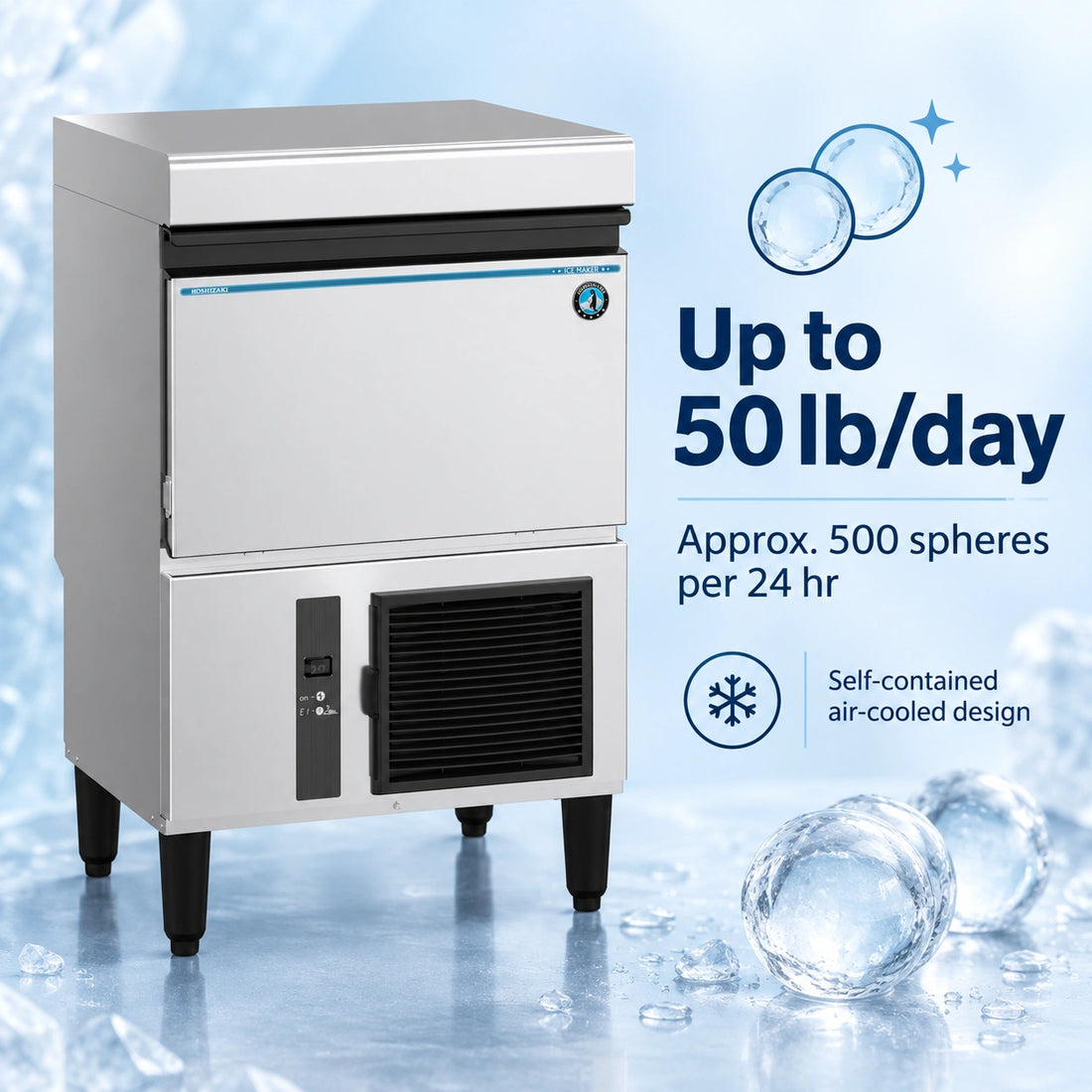 A commercial countertop ice machine with a stainless steel body, black legs, a black front grille, and a small blue brand label on the upper right front panel, shown on a plain white background.