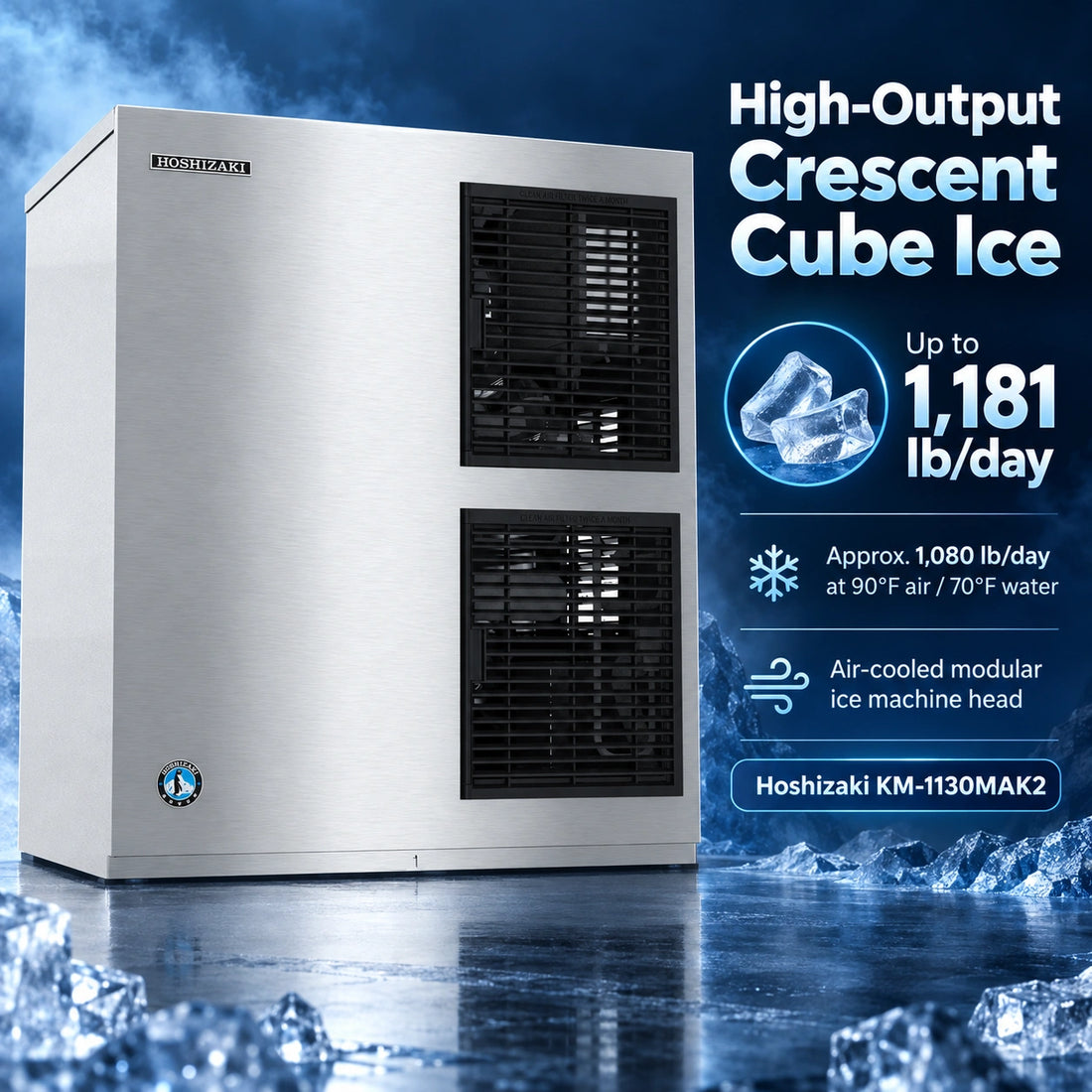 A stainless steel commercial ice machine with two black front ventilation grilles and a small brand badge near the top left corner.